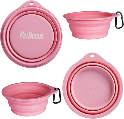 Petbonus 2-Pack Silicone Collapsible Dog Bowls, BPA Free Dishwasher Safe, Portable Foldable Expandable Travel Bowl, Food Water Feeding Cup Dish for Dogs Cats with 2 Carabiners (Purple, Pink)