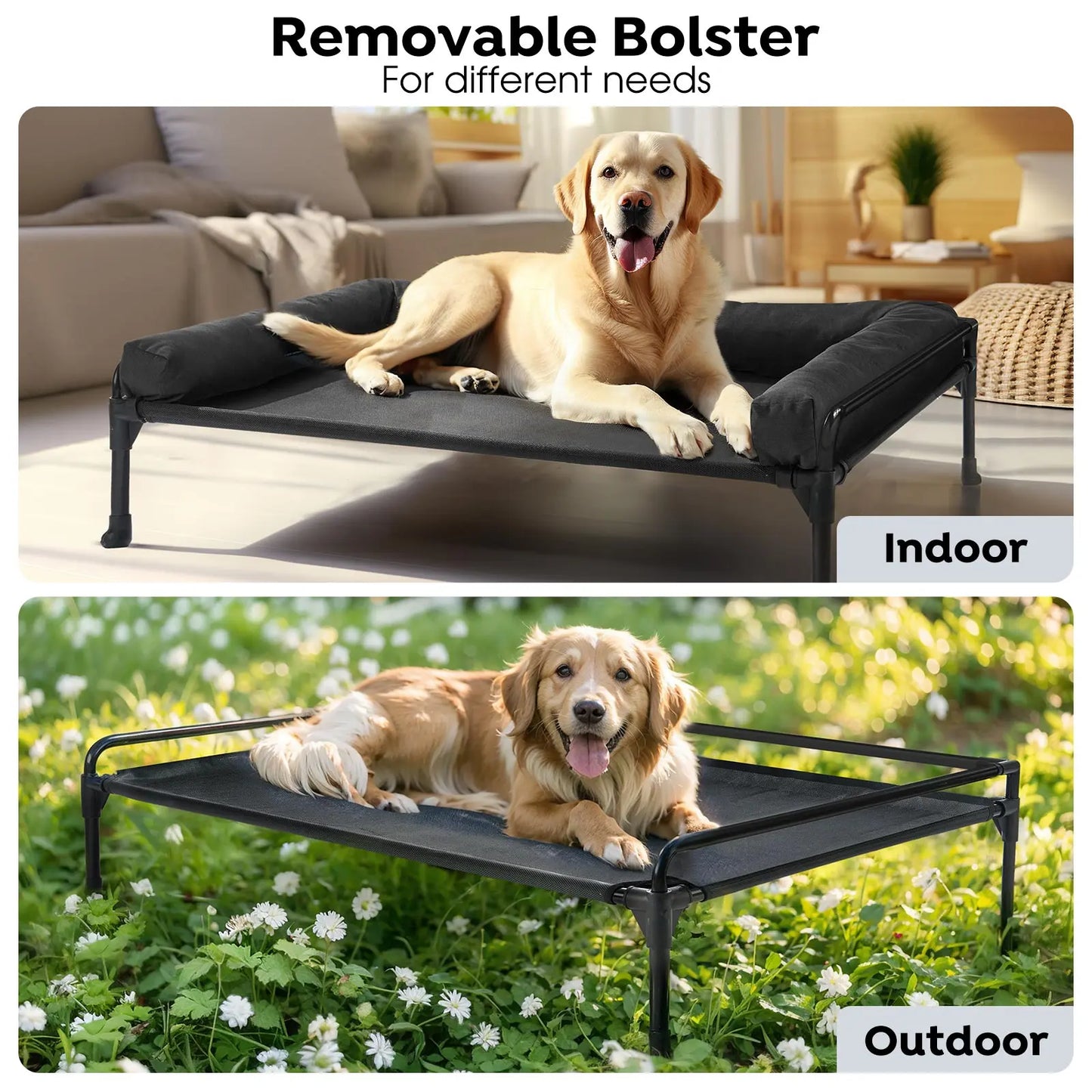 #Summervibes #Petlovers Veehoo Elevated Raised Dog Bed-Cooling Outdoor Dog Cot Bed for Large Sized Dogs Three-Sided Fence Raised Pet Cot with Mesh & No-Slip Feet Dog Hammock Bed with Removable Bolster